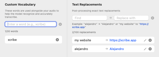 Custom Dictionary & Replacements settings showing vocabulary words and text replacements with find/replace patterns